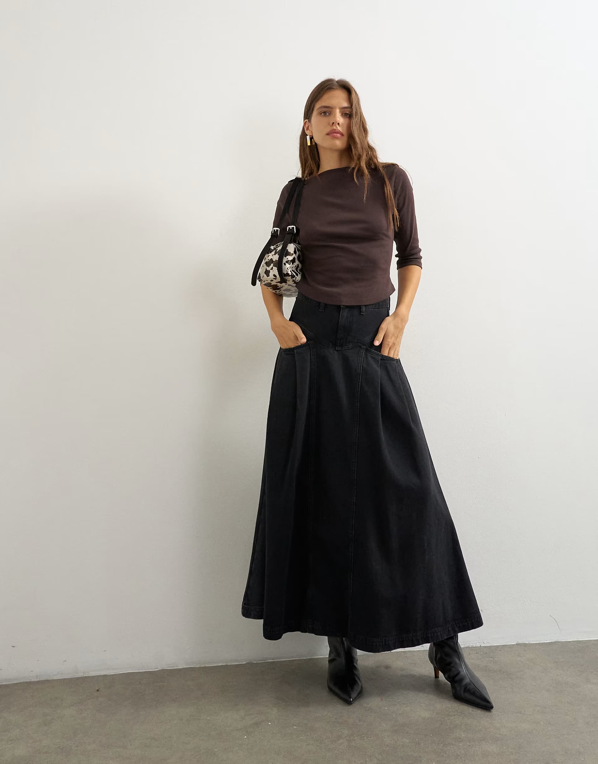 ASOS Topshop Yoke pleated maxi skirt in washed black