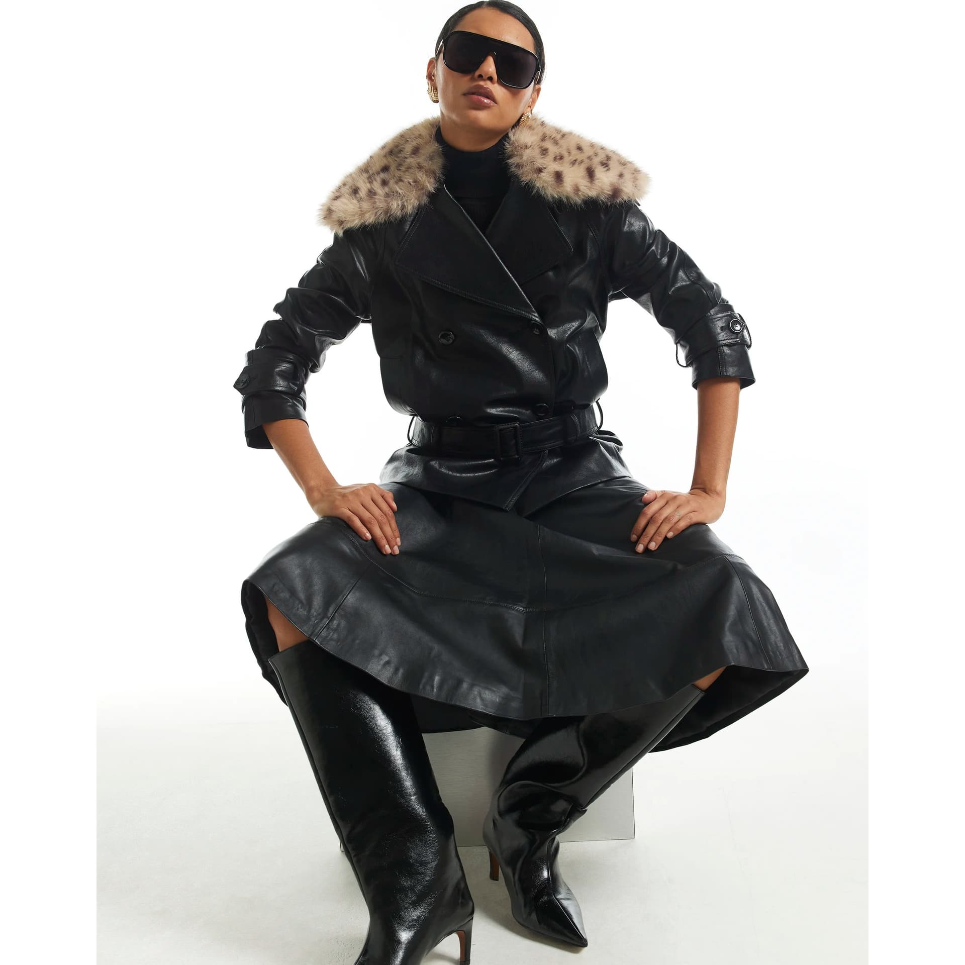 River Island River Island Womens Black Leopard Faux Fur Collar Trench Coat