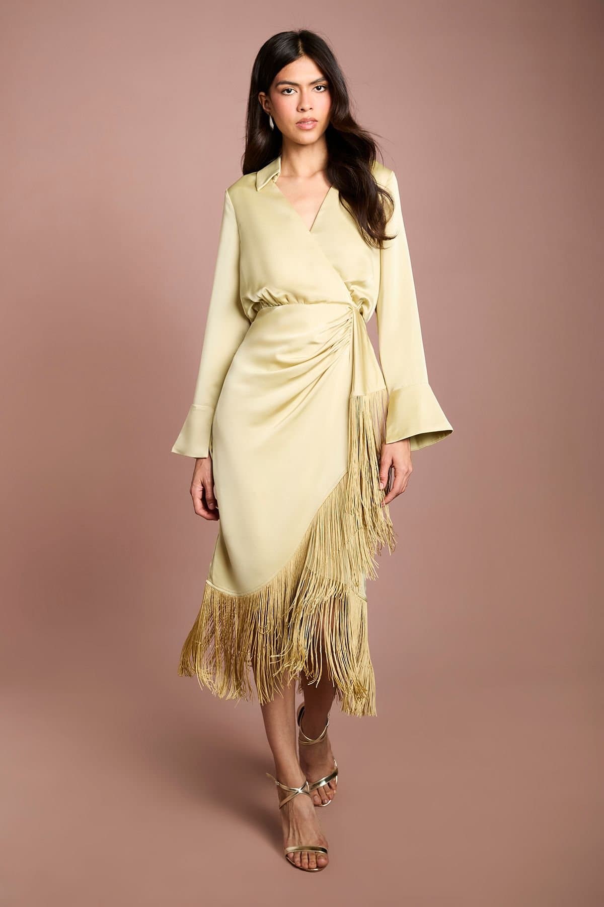 Coast Coast Women's Fringe Satin Shirt Dress in Olive