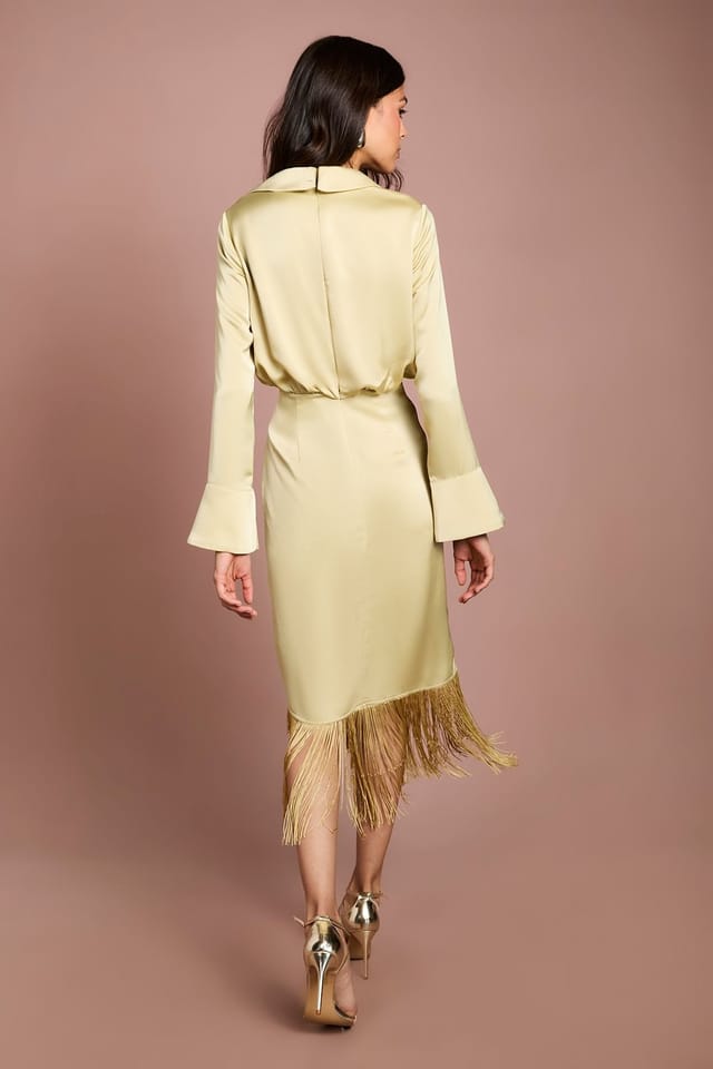Coast Coast Women's Fringe Satin Shirt Dress in Olive - 3