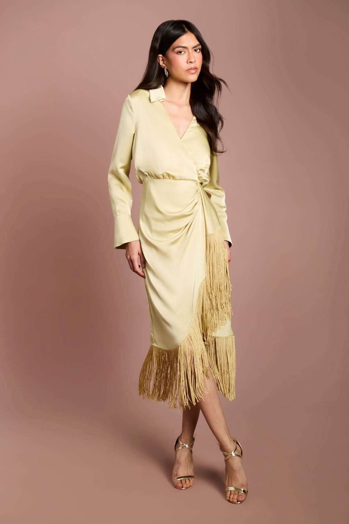 Coast Coast Women's Fringe Satin Shirt Dress in Olive - 4