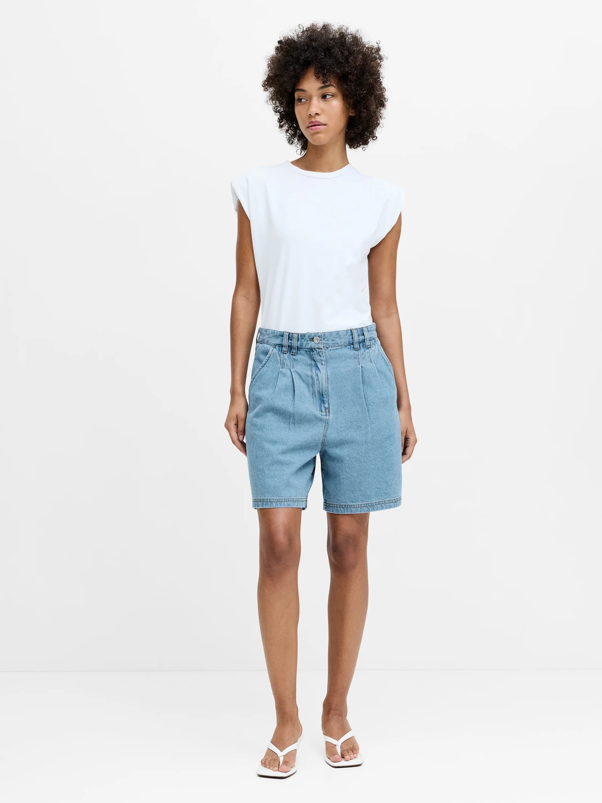 French Connection Sam Vintage Wash Pleated Denim Shorts Vintage Wash Light Blue
