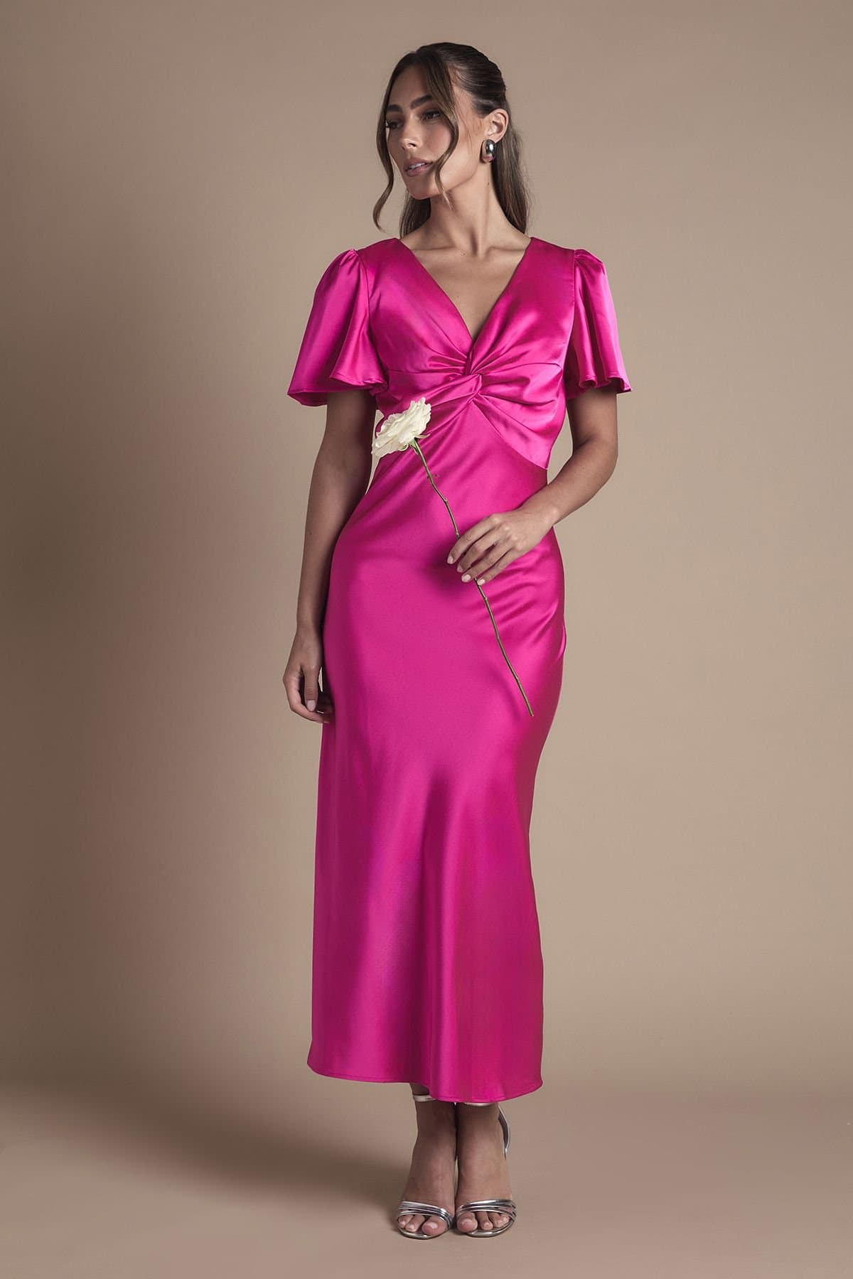 Oasis Oasis Women's Bright Pink Satin Twist Front Angel Sleeve Midi Bridesmaid Dress
