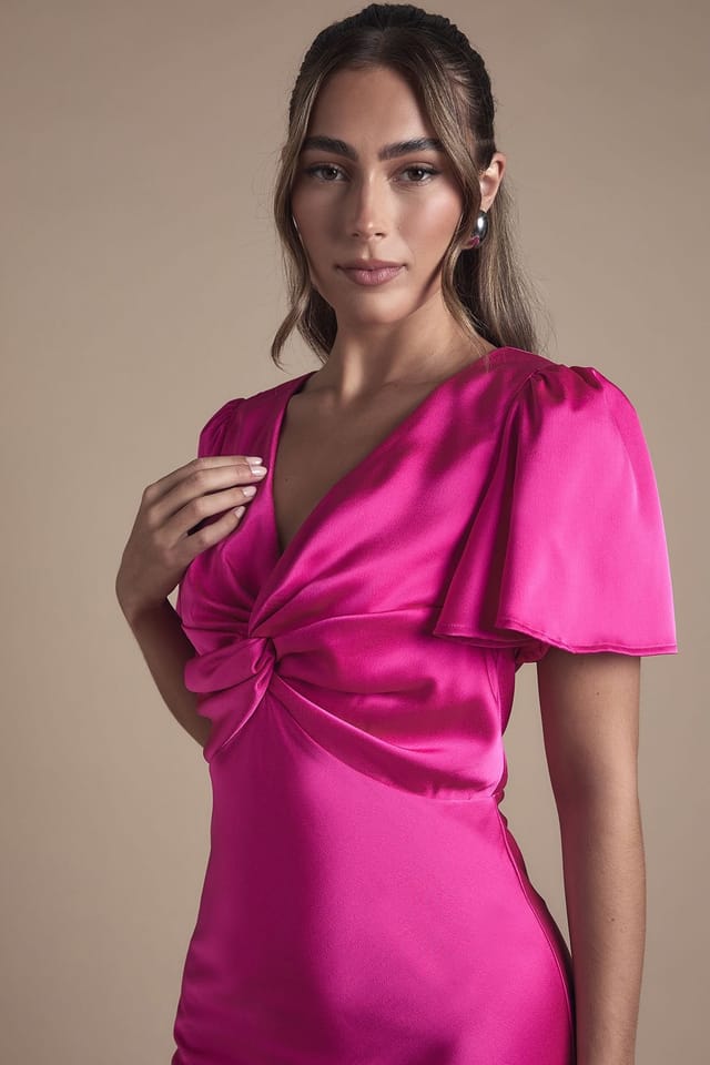 Oasis Oasis Women's Bright Pink Satin Twist Front Angel Sleeve Midi Bridesmaid Dress - 2