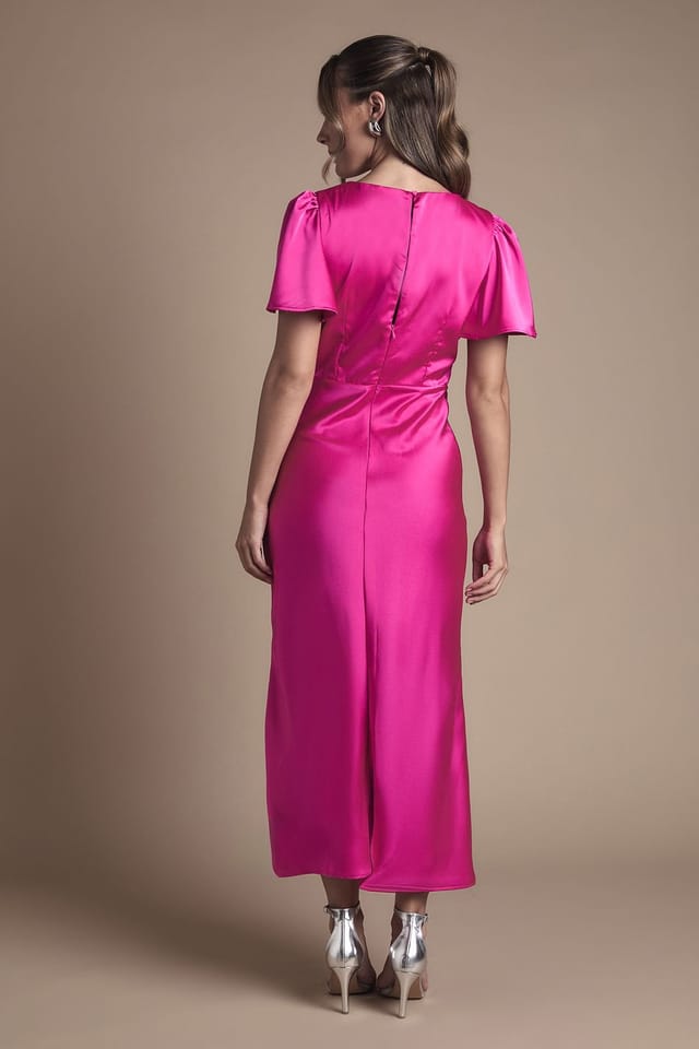 Oasis Oasis Women's Bright Pink Satin Twist Front Angel Sleeve Midi Bridesmaid Dress - 3