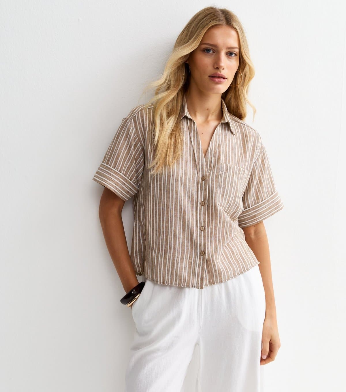 New Look New Look Brown Striped Crop Shirt