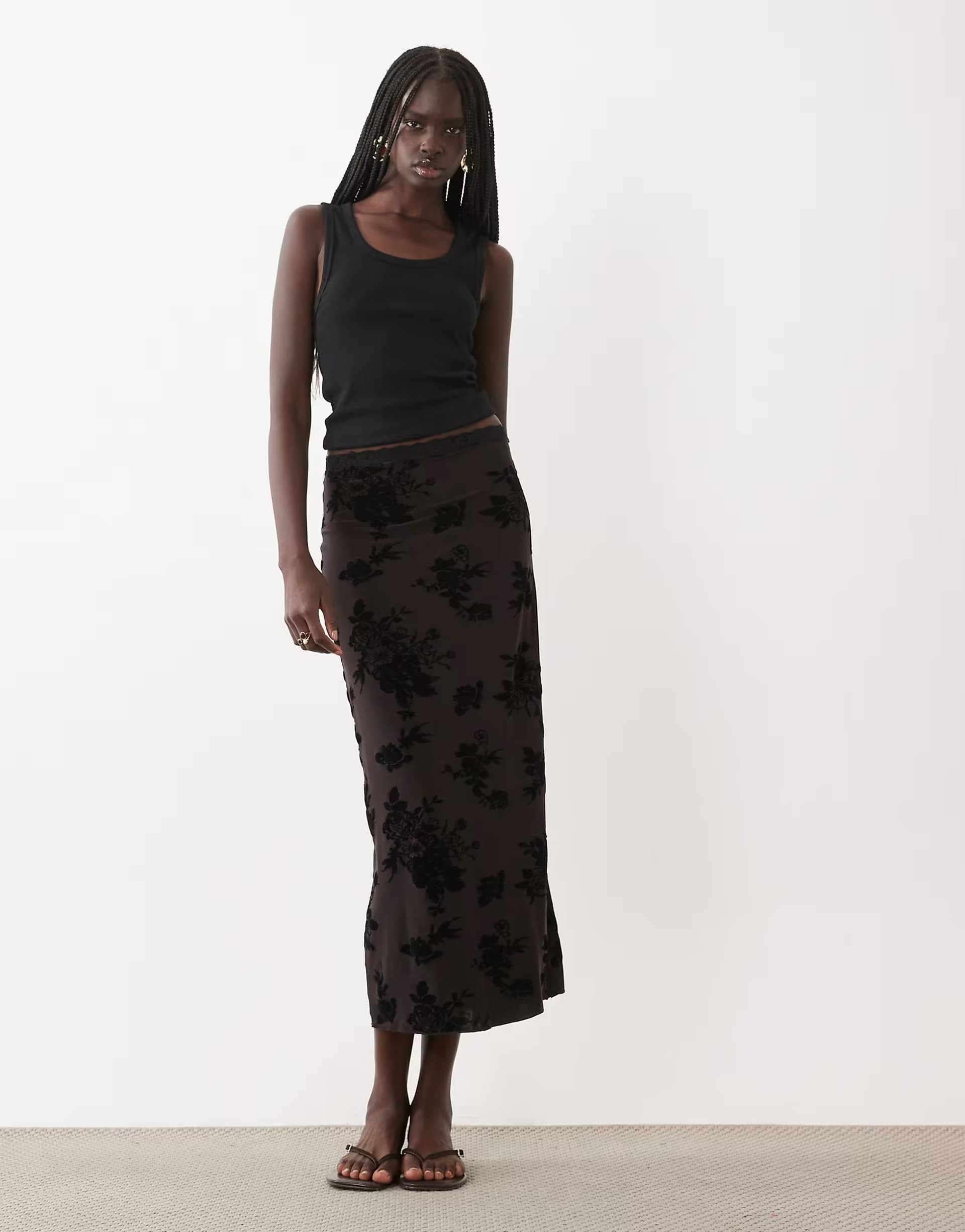 ASOS New Look flocked mesh midi skirt in black