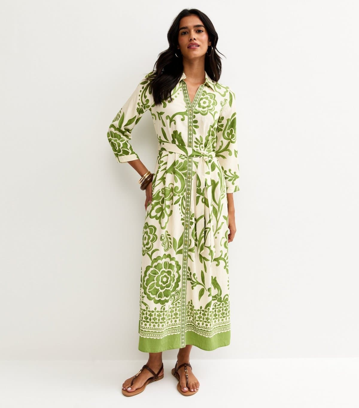 New Look Women's Green Floral Border Tile Print Midi Shirt Dress New Look