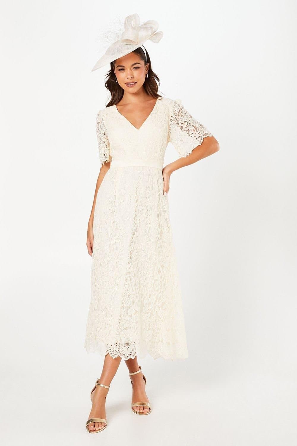 Coast Coast Women's Lace Angel Sleeve Midi Dress in Oyster