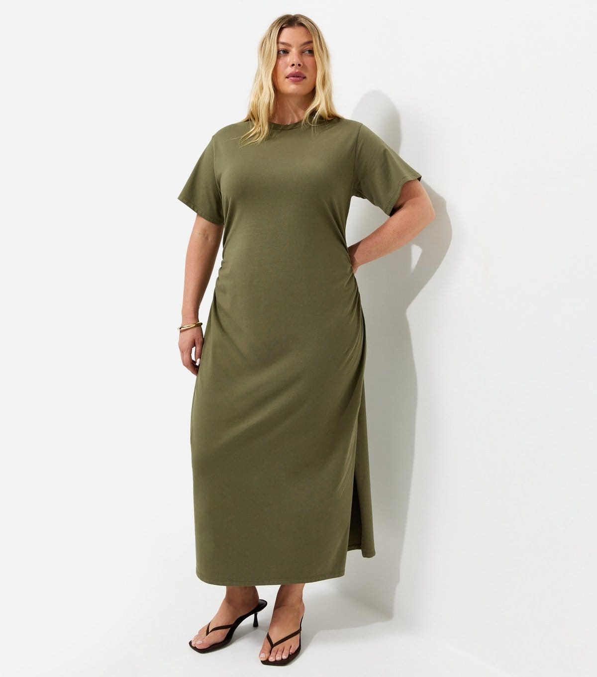 New Look Khaki Cotton Rich Ruched Midi Dress