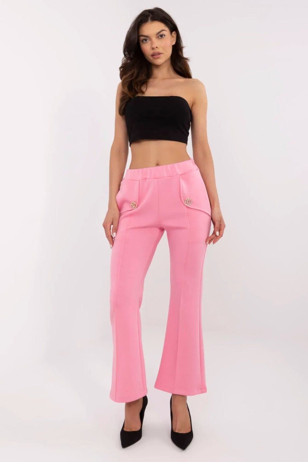 Love Lace Love Lace Women's High Waist Bell Bottom Sweatpants with Brooches in Pink