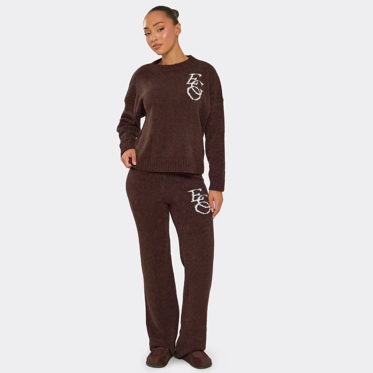 EGO Mid Waist White Ego Graphic Straight Leg Trousers In Brown Knit, Women's Size UK XS