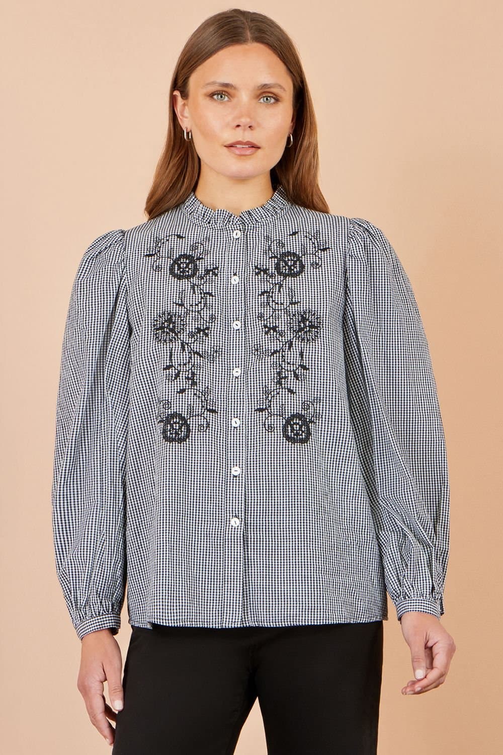 Yumi Yumi Women's Cotton Gingham Embroidered Shirt in Black