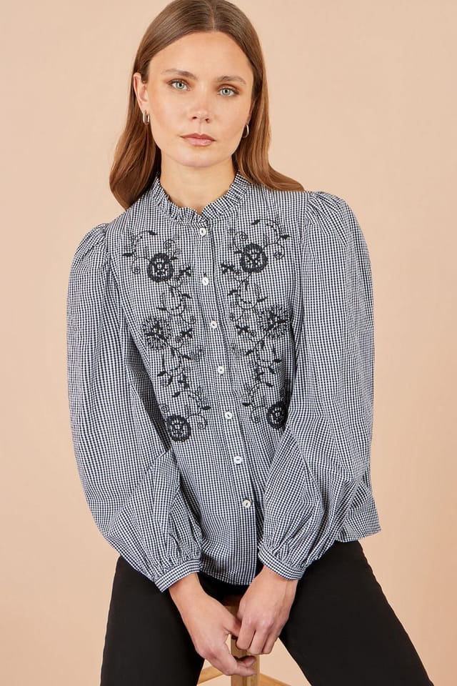 Yumi Yumi Women's Cotton Gingham Embroidered Shirt in Black - 2