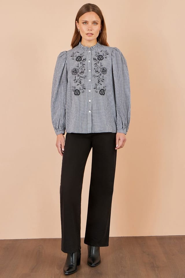 Yumi Yumi Women's Cotton Gingham Embroidered Shirt in Black - 3