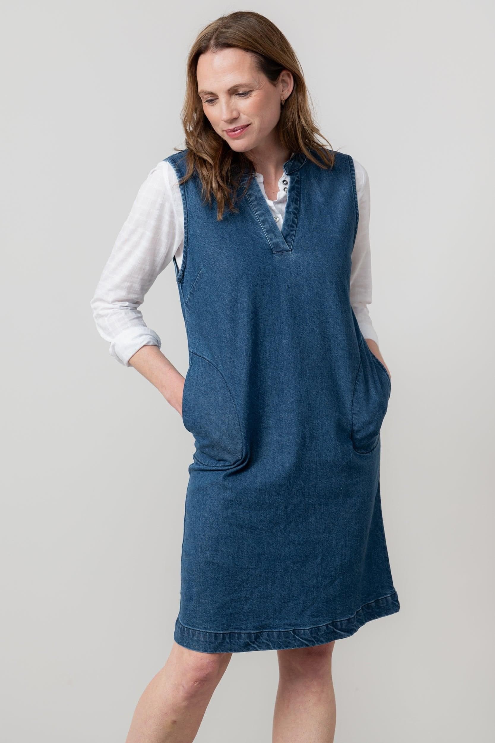 Lily & Me Lily & Me Women's Belle Knee Length Denim Pinafore Dress with V-neck notch neckline in Blue