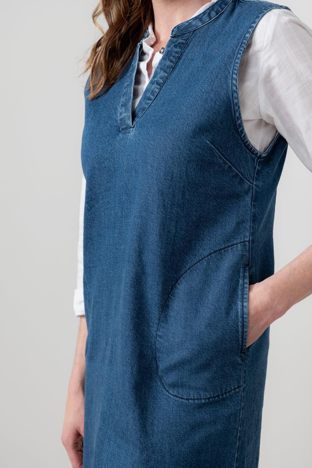 Lily & Me Lily & Me Women's Belle Knee Length Denim Pinafore Dress with V-neck notch neckline in Blue - 2