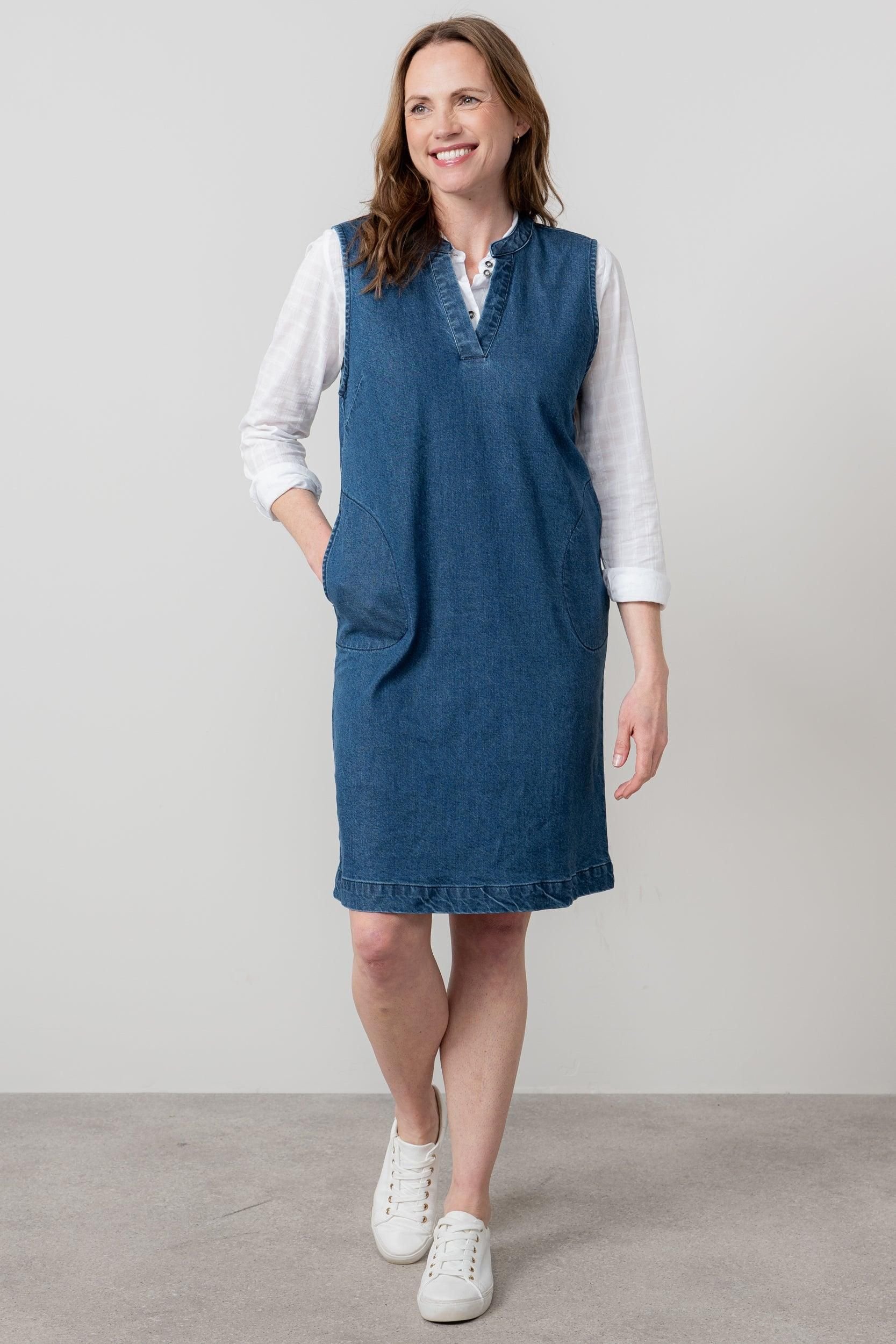 Lily & Me Lily & Me Women's Belle Knee Length Denim Pinafore Dress with V-neck notch neckline in Blue - 3