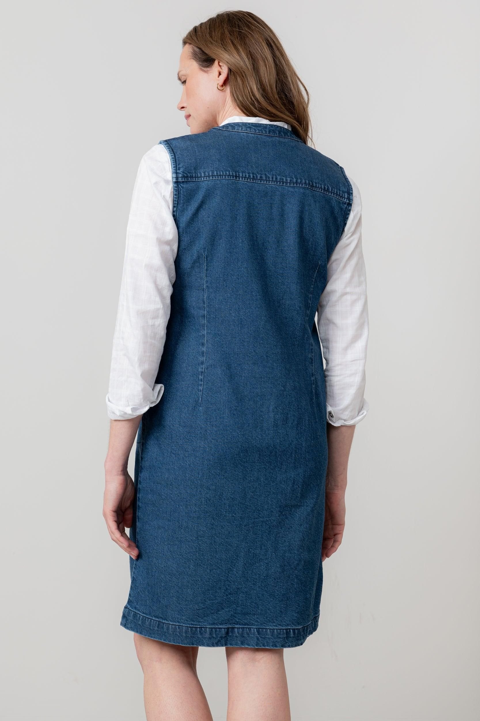 Lily & Me Lily & Me Women's Belle Knee Length Denim Pinafore Dress with V-neck notch neckline in Blue - 4