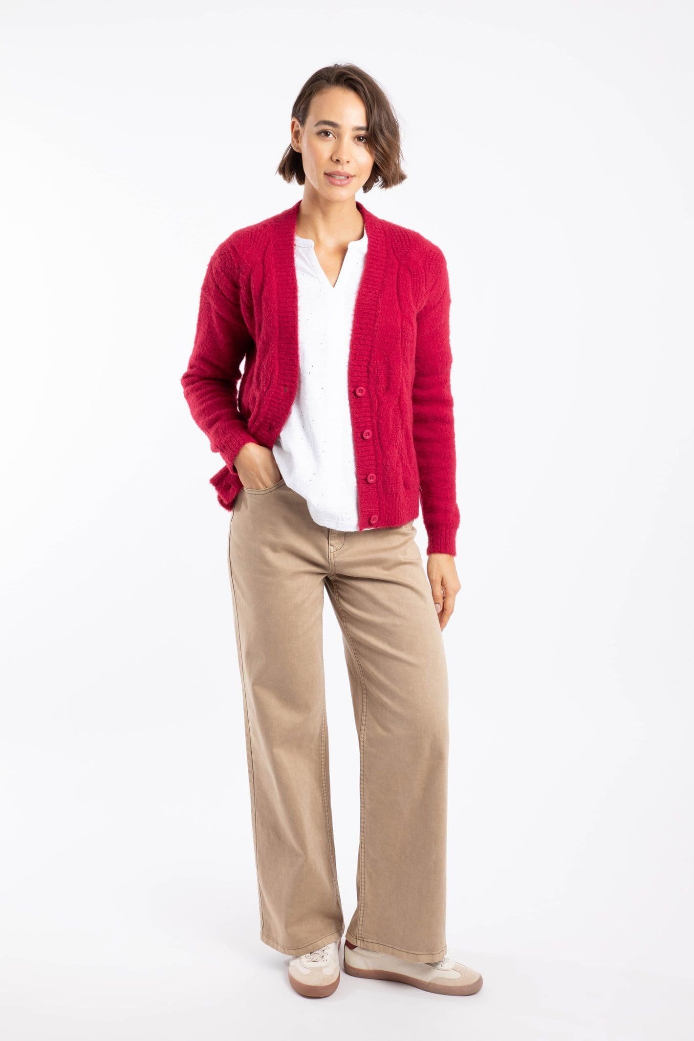Weird Fish Weird Fish Women's Rhona Super Soft Cable Knit Cardigan in Red - 4