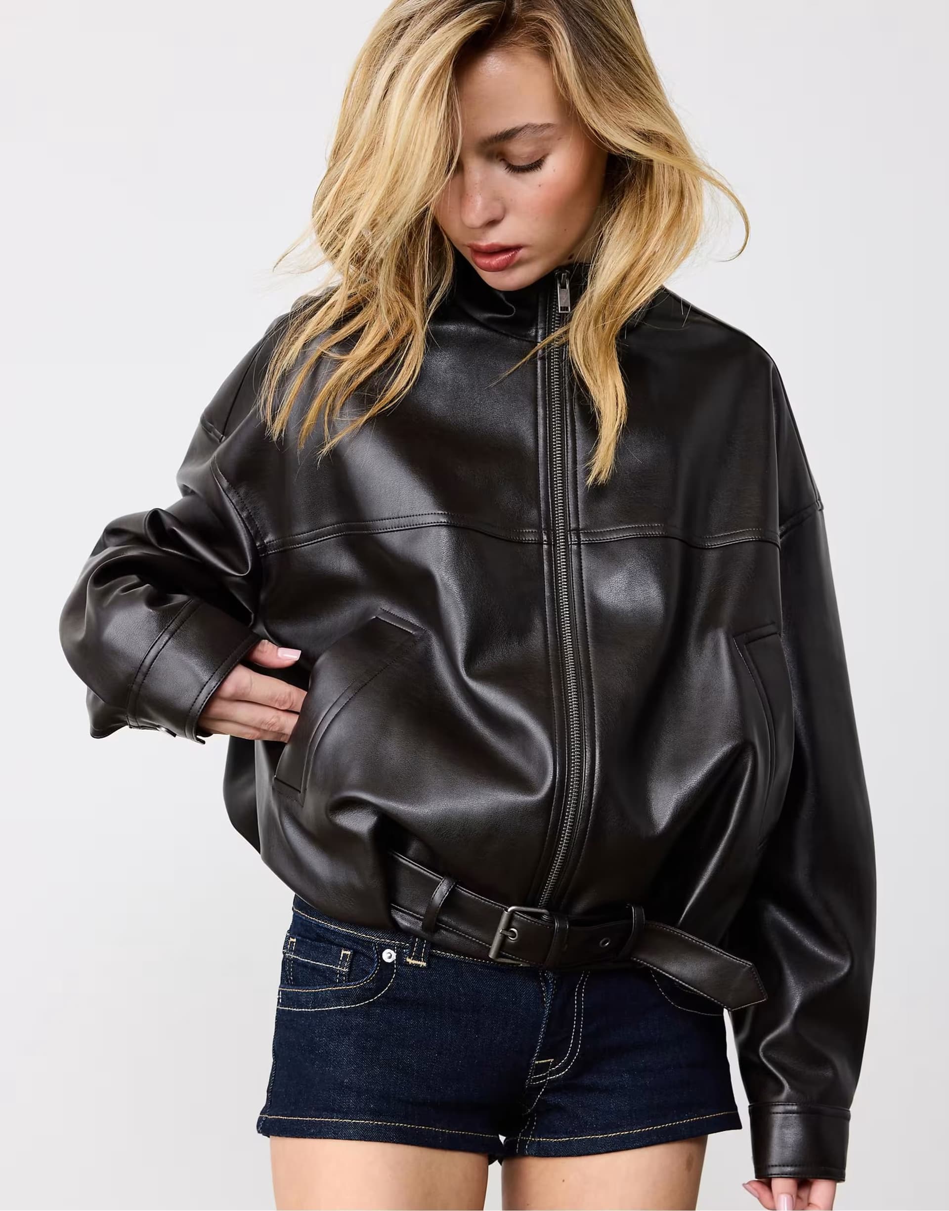 ASOS Stradivarius Leather effect balloon jacket with belt in brown