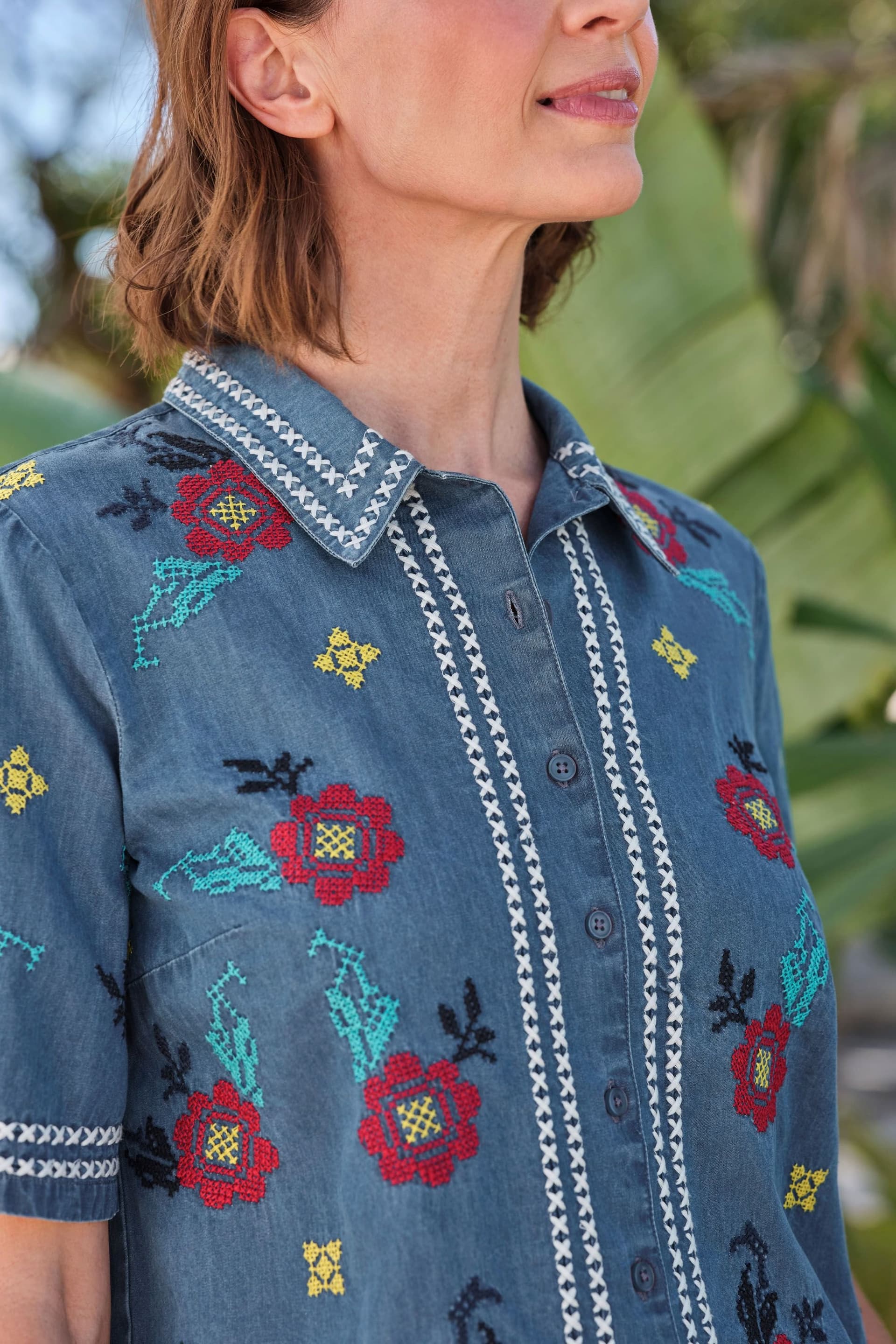 WoolOvers WoolOvers Women's Cross Stitch Embroidered Shirt in Blue