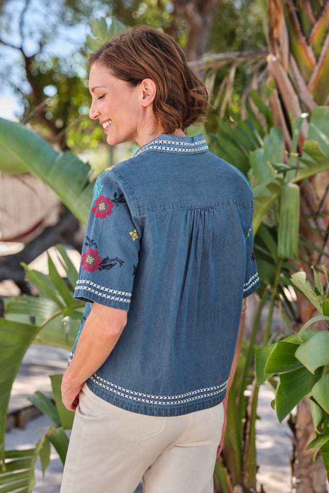WoolOvers WoolOvers Women's Cross Stitch Embroidered Shirt in Blue - 2