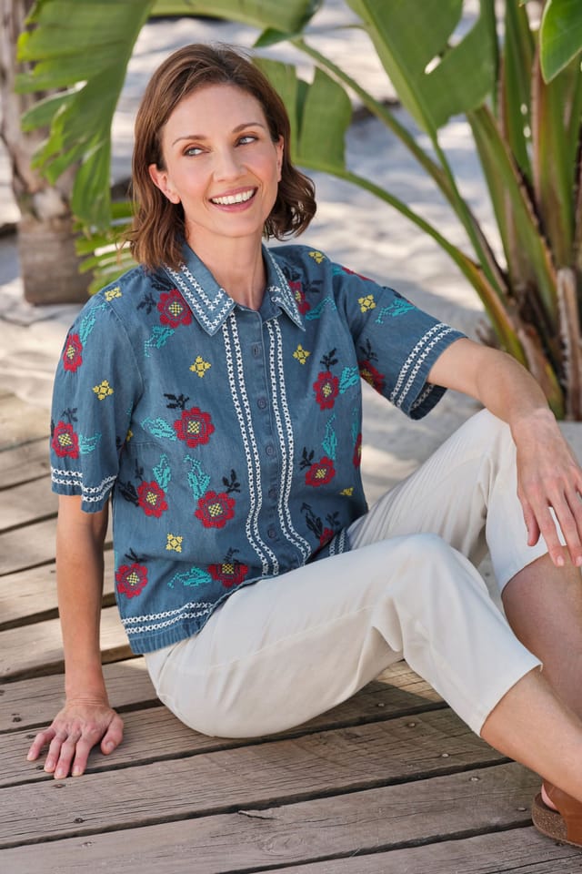 WoolOvers WoolOvers Women's Cross Stitch Embroidered Shirt in Blue - 3