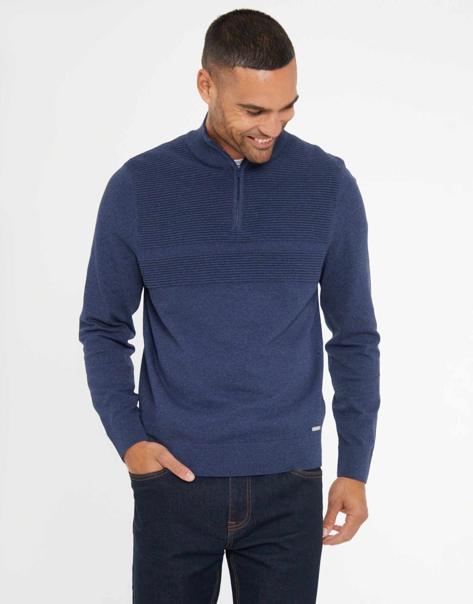 Threadbare threadbare Men's Rib Detail Knitted Quarter Zip Jumper in Blue