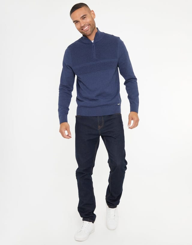 Threadbare threadbare Men's Rib Detail Knitted Quarter Zip Jumper in Blue - 3