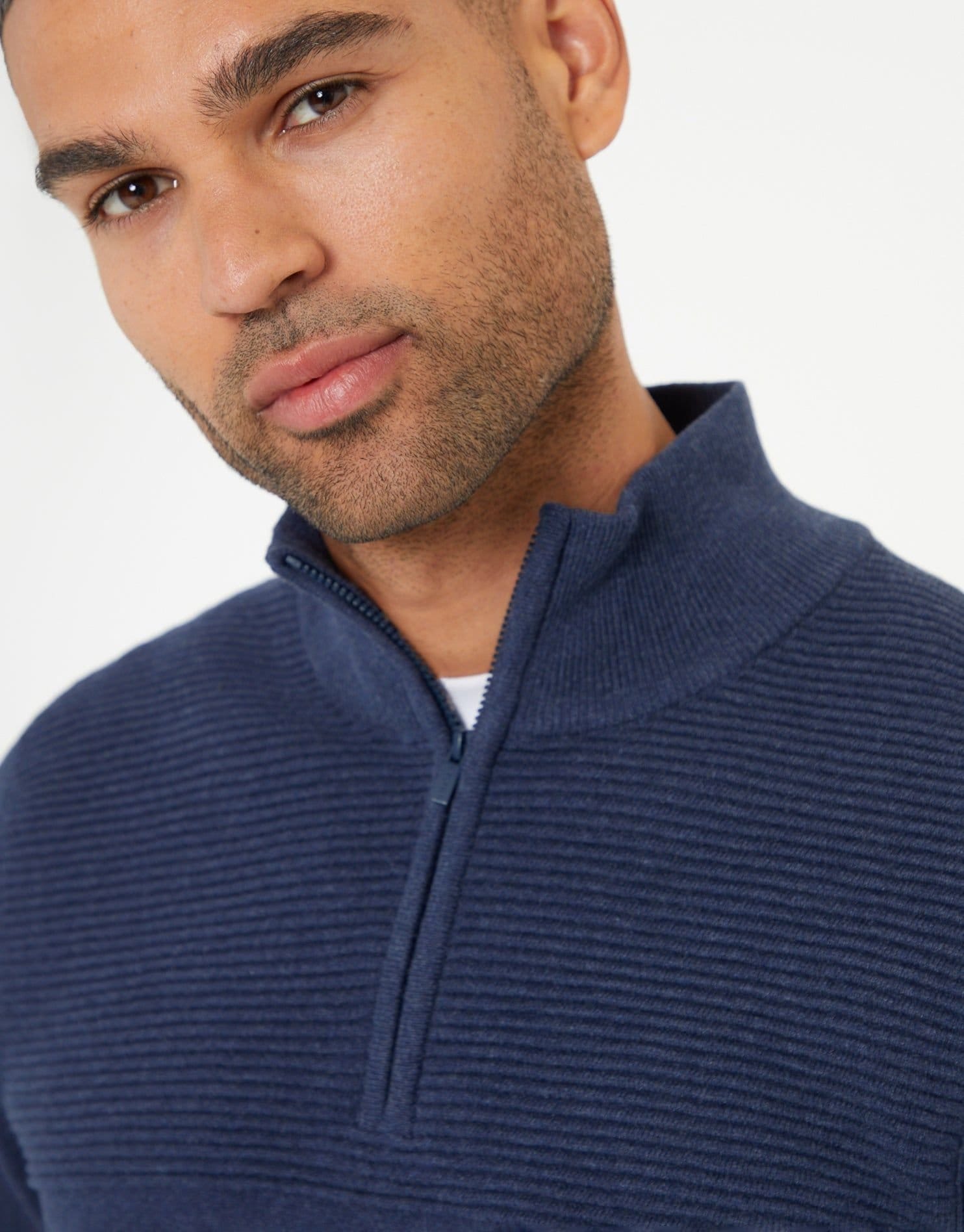 Threadbare threadbare Men's Rib Detail Knitted Quarter Zip Jumper in Blue - 4