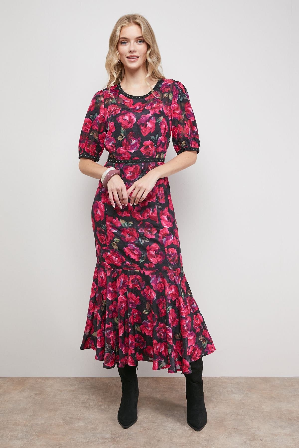 Oasis Oasis Women's Printed Jacquard Stud Trim Detail Puff Sleeve Midi Dress