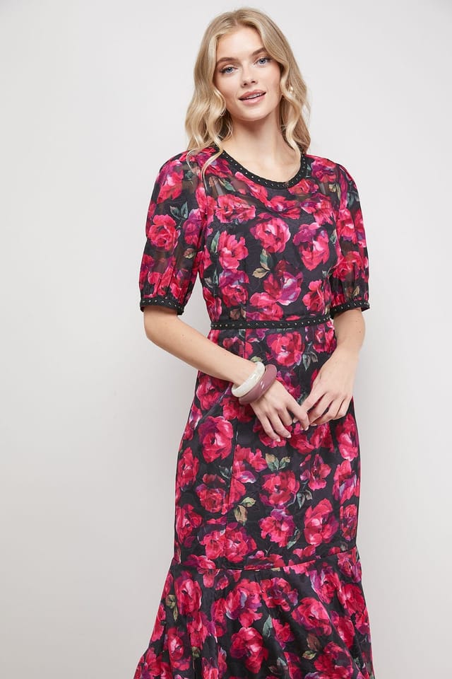 Oasis Oasis Women's Printed Jacquard Stud Trim Detail Puff Sleeve Midi Dress - 2