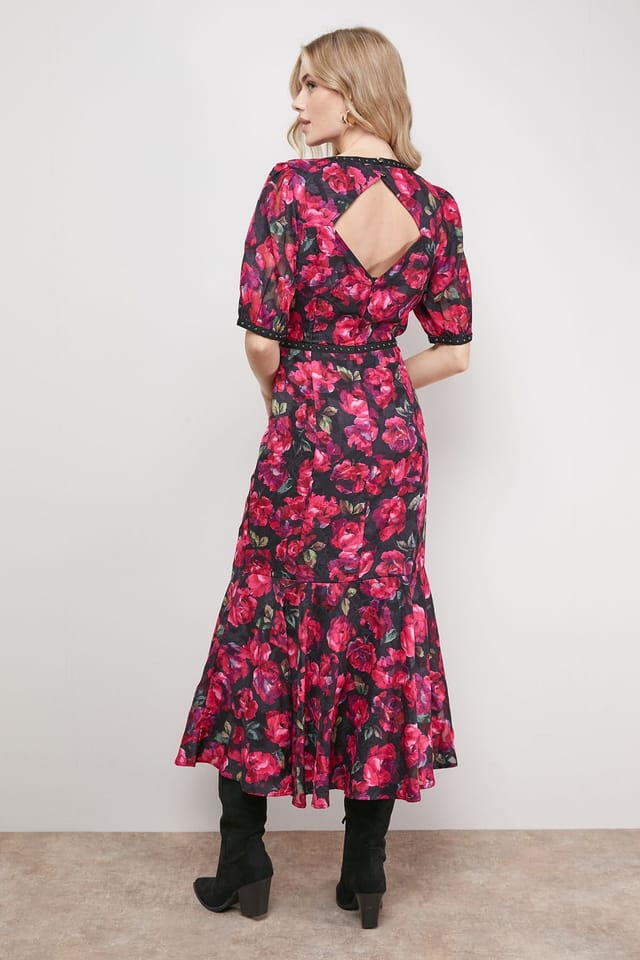 Oasis Oasis Women's Printed Jacquard Stud Trim Detail Puff Sleeve Midi Dress - 3