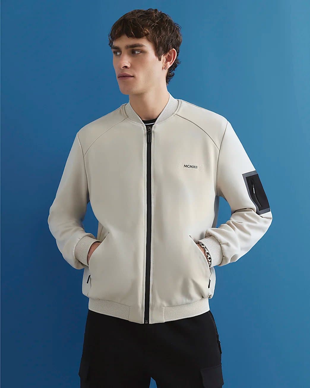 River Island Mens River Island Beige Badged Premium Bomber Jacket