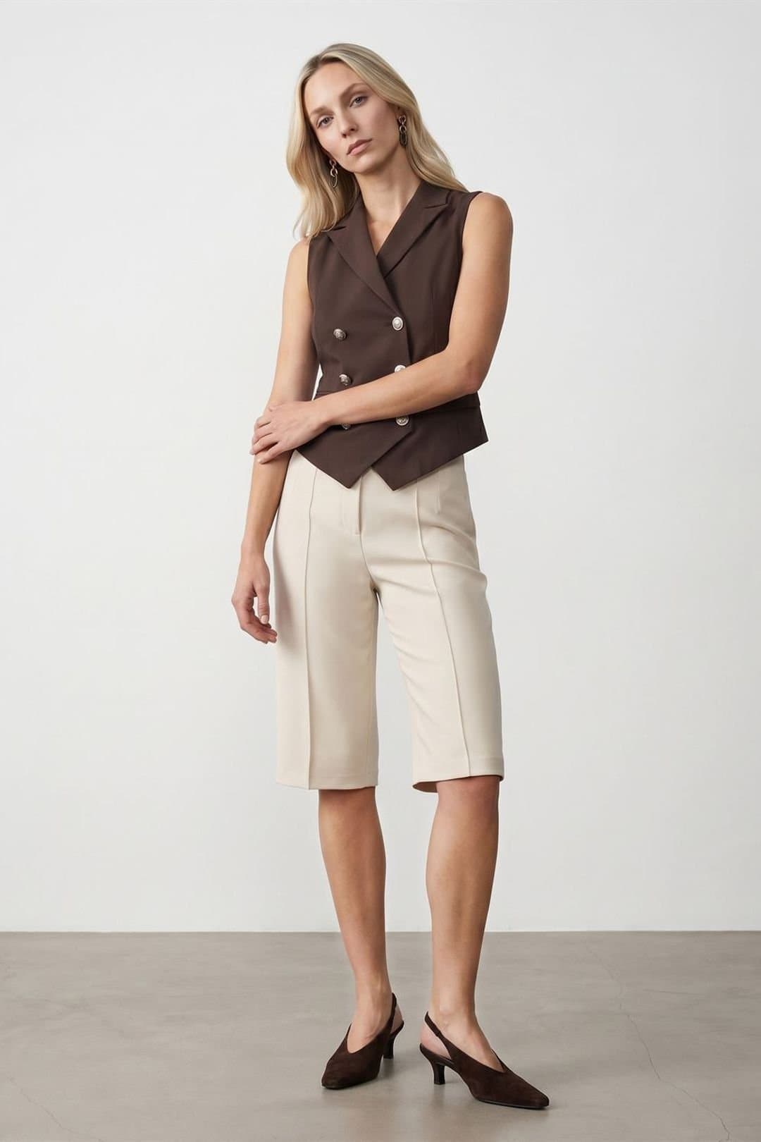 Dilvin Dilvin Women's Shawl-collar Woven Waistcoat in Chocolate