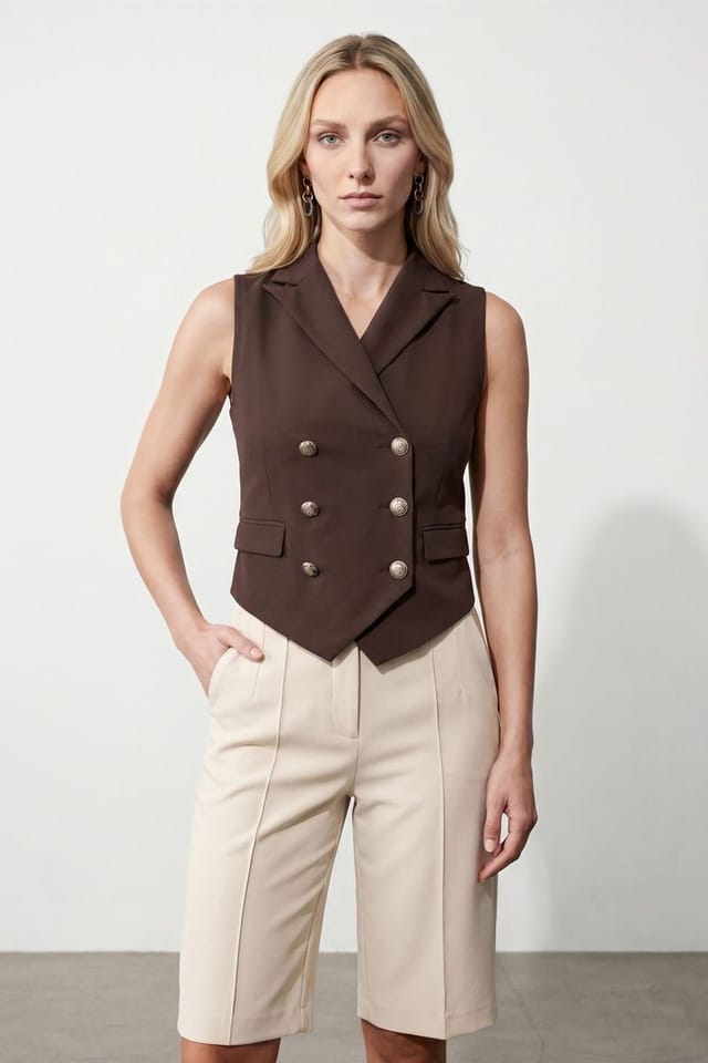 Dilvin Dilvin Women's Shawl-collar Woven Waistcoat in Chocolate - 3