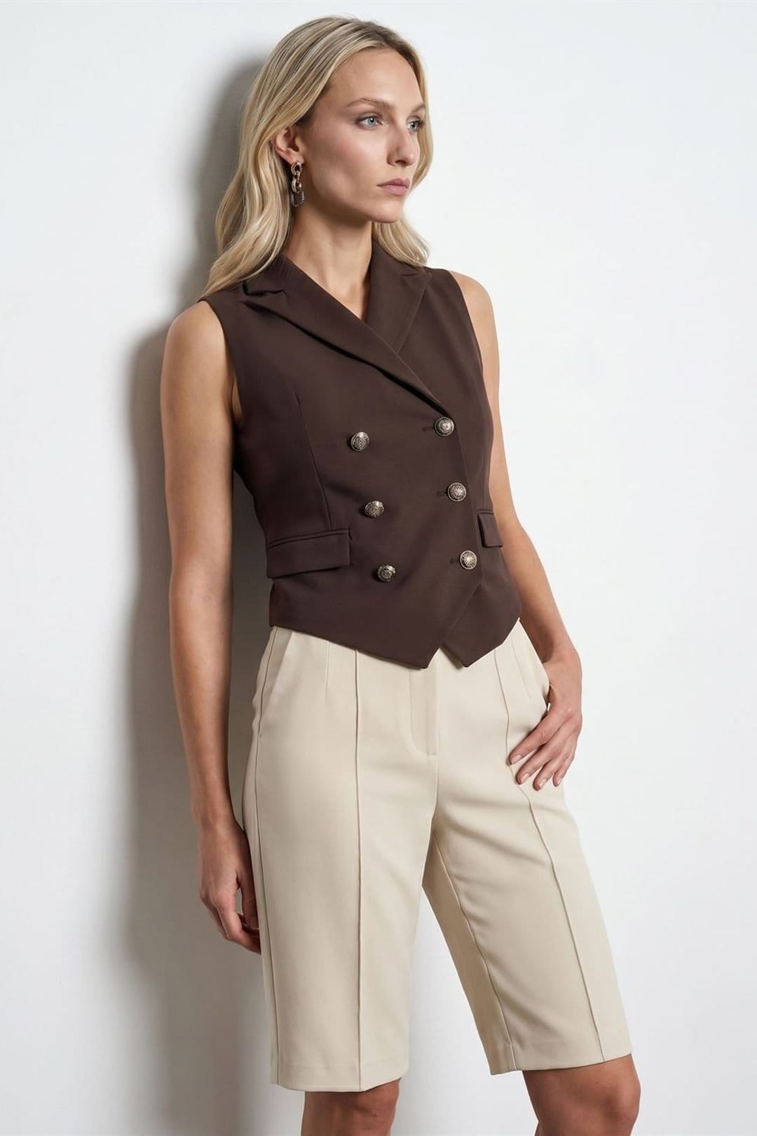Dilvin Dilvin Women's Shawl-collar Woven Waistcoat in Chocolate - 4