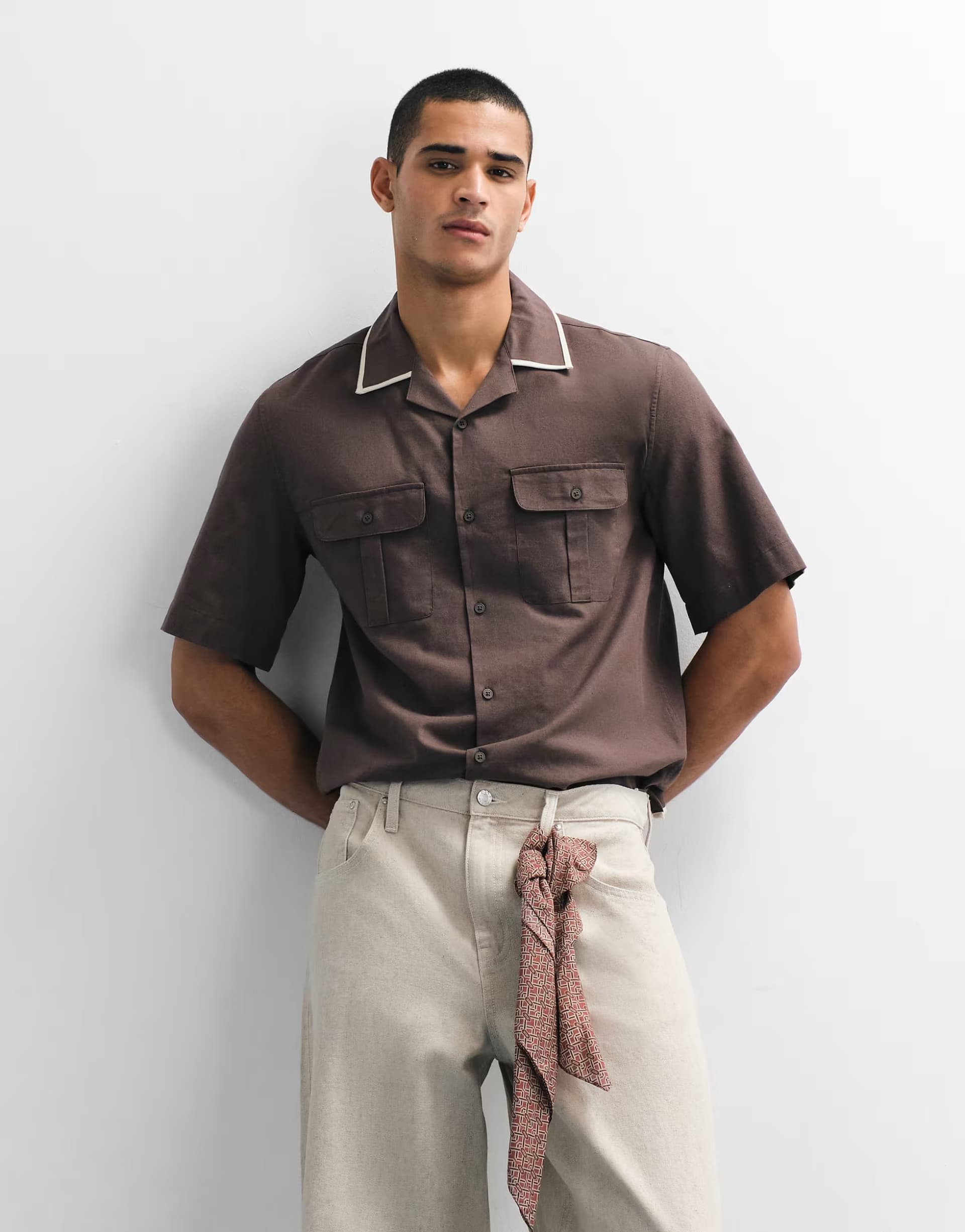ASOS Mango linen blend short sleeve contrast trim shirt in brown