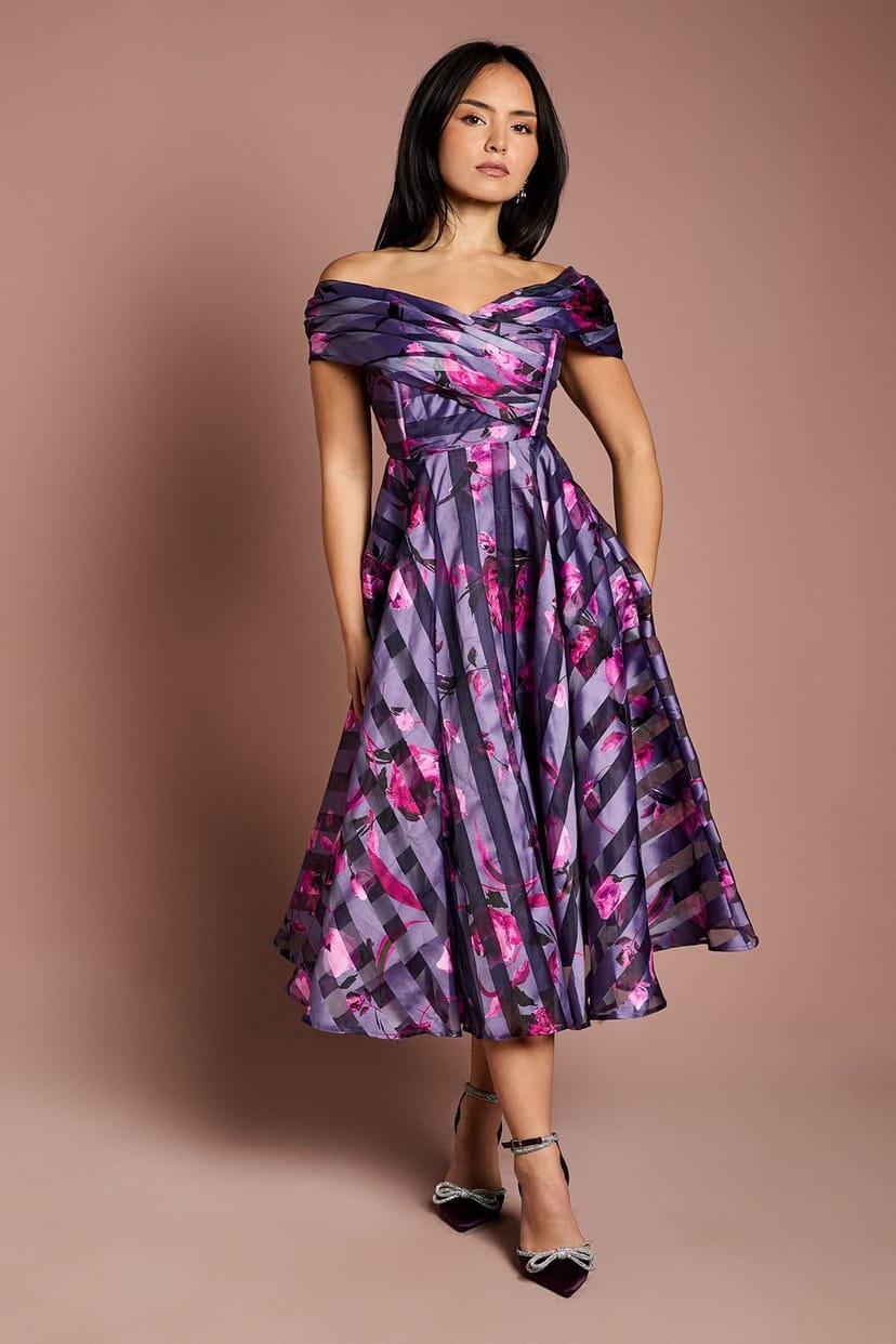 Coast Coast Women's Petite Stripe Organza Pleated Top Midi Dress in Purple - 1