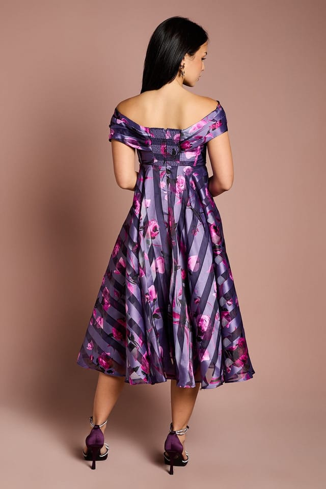 Coast Coast Women's Petite Stripe Organza Pleated Top Midi Dress in Purple - 3