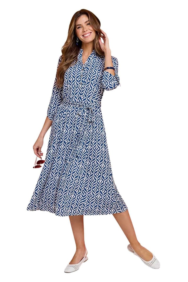 Amber Amber Women's Aztec Print Belted Jersey Shirt Dress in Blue - 2