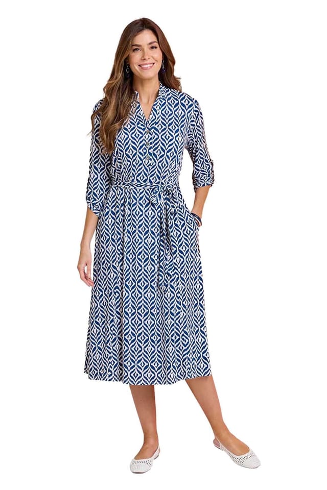 Amber Amber Women's Aztec Print Belted Jersey Shirt Dress in Blue - 3