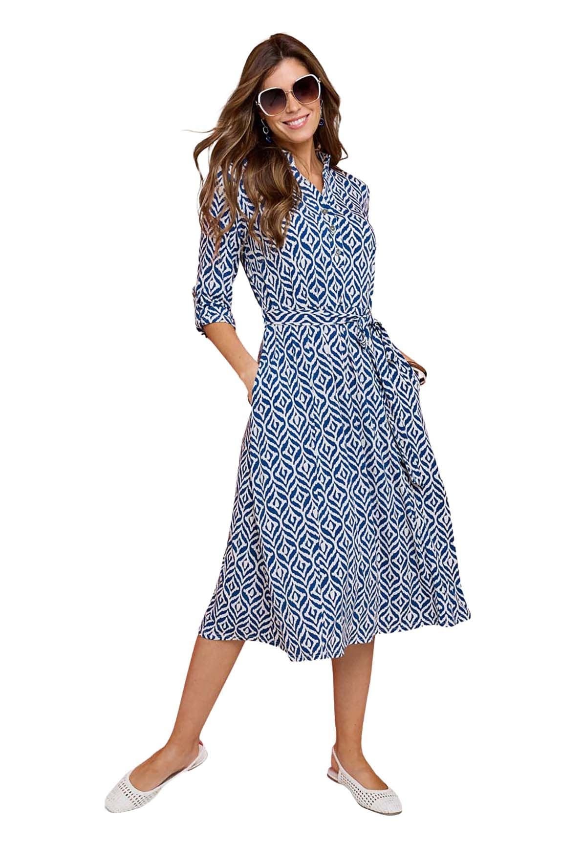 Amber Amber Women's Aztec Print Belted Jersey Shirt Dress in Blue - 4
