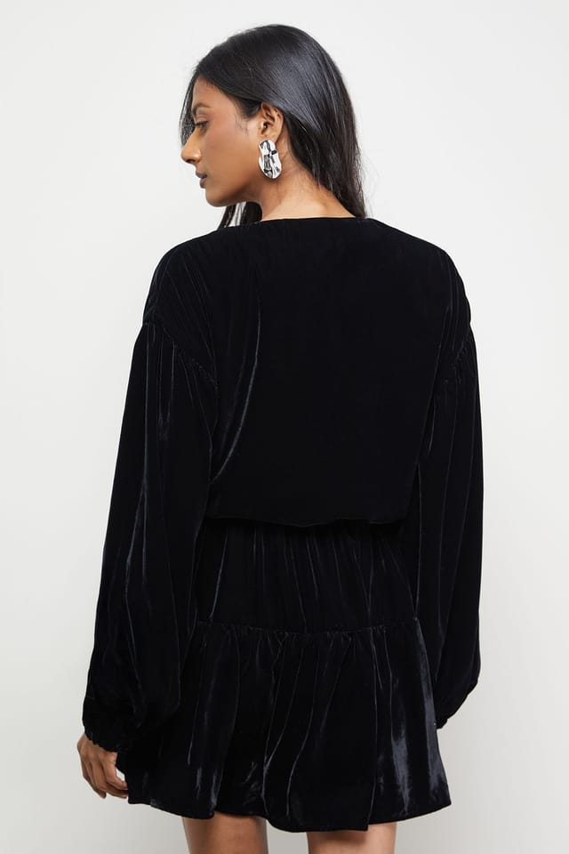 Warehouse Warehouse Women's Velvet Wrap Mini Smock Dress in Black - 3