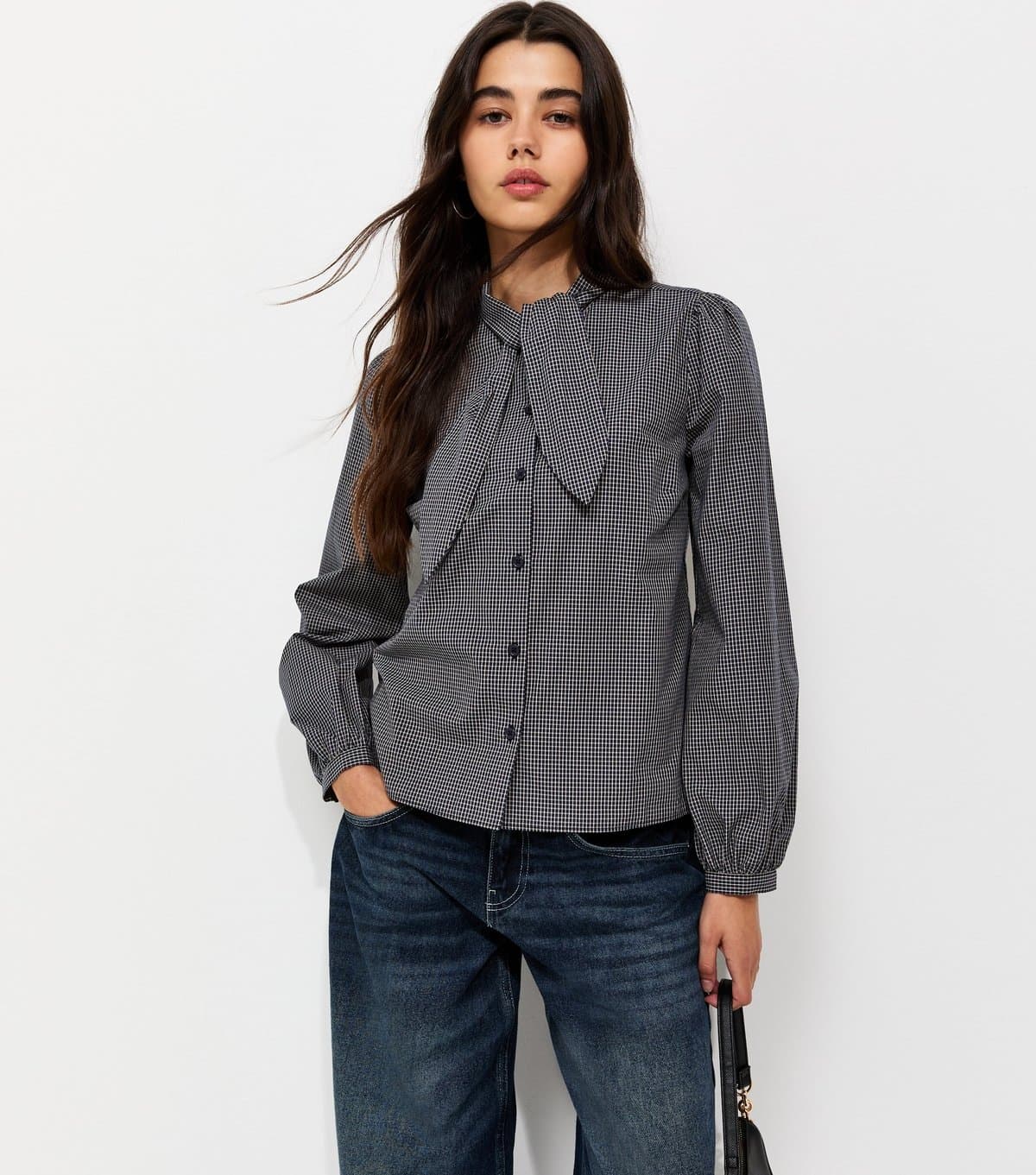 New Look Women's Black Check Neck Tie Long Sleeve Shirt New Look