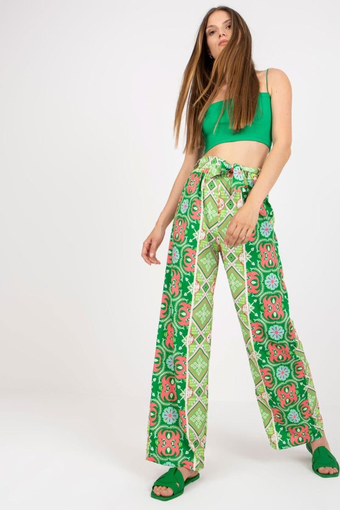 Love Lace Love Lace Women's High Waist Wide Leg Elastic Waist Trousers in Green