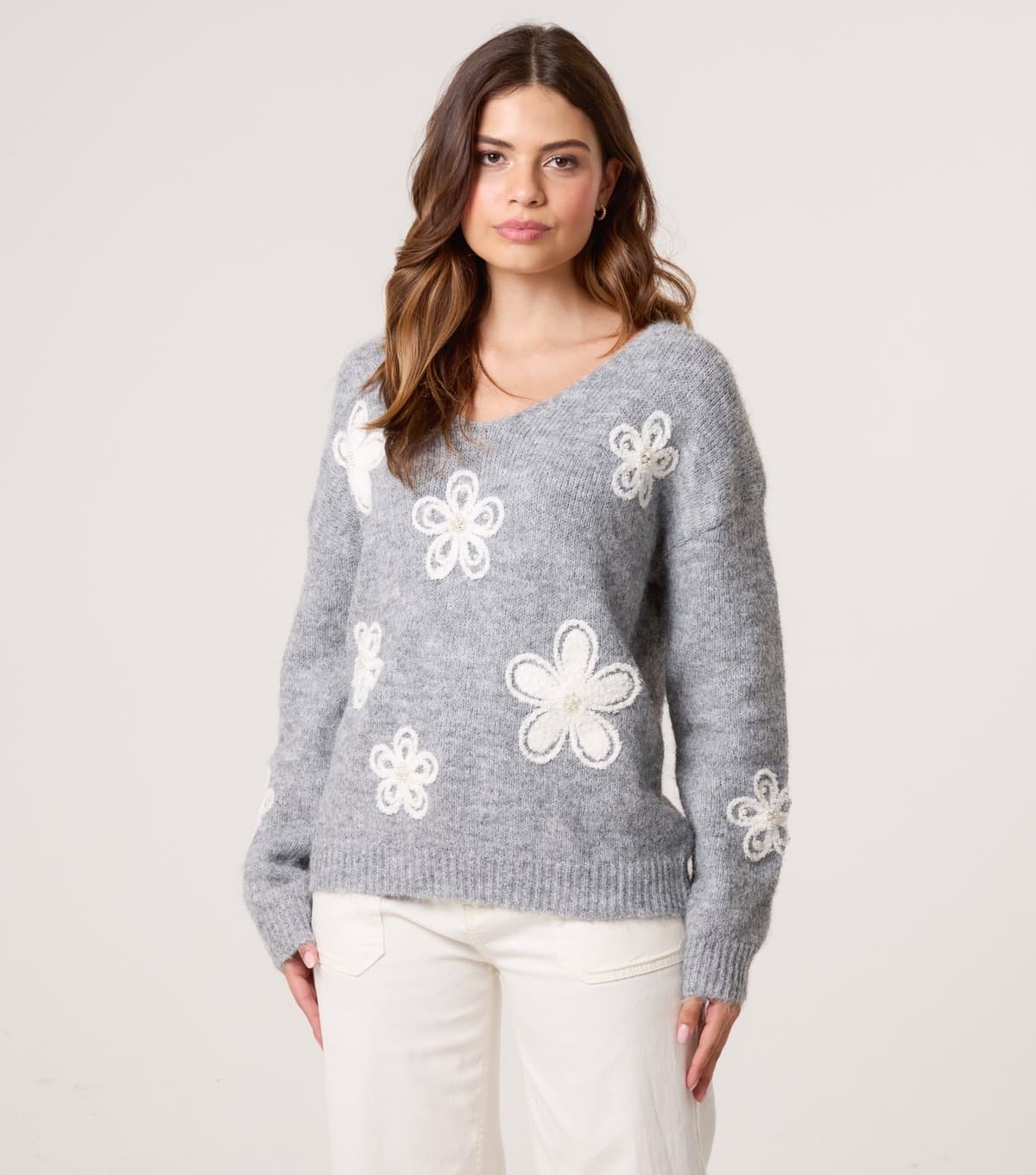 Blue Vanilla Blue Vanilla Grey V-Neck Floral Pearl Embellished Jumper