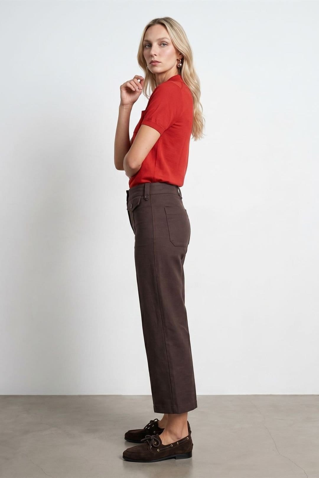 Dilvin Dilvin Women's High-Waist Cotton Poplin Capri Culottes in Chocolate - 4