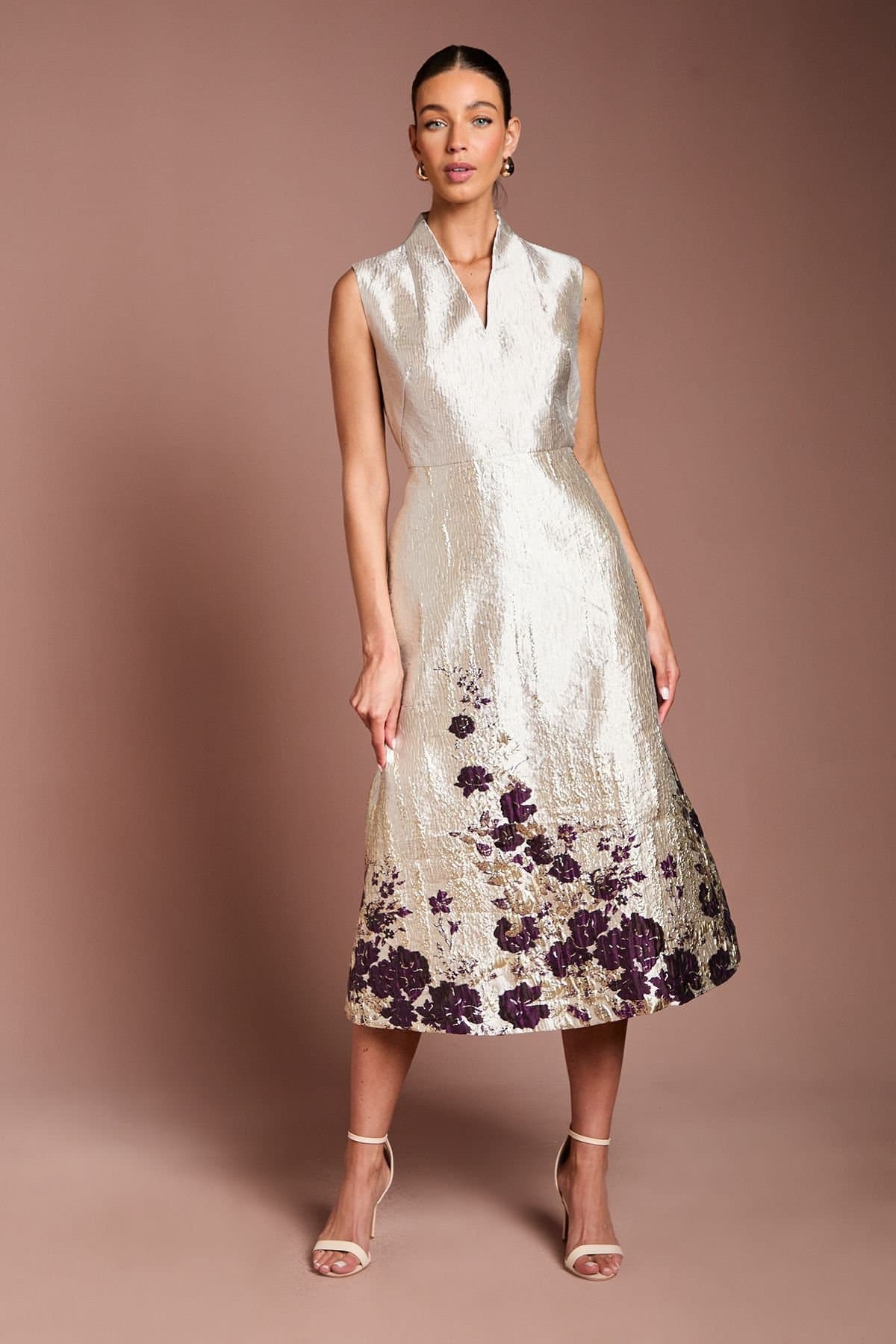 Coast Coast Women's Notch Neck Floral Border Print Jacquard Midi Dress in Champagne